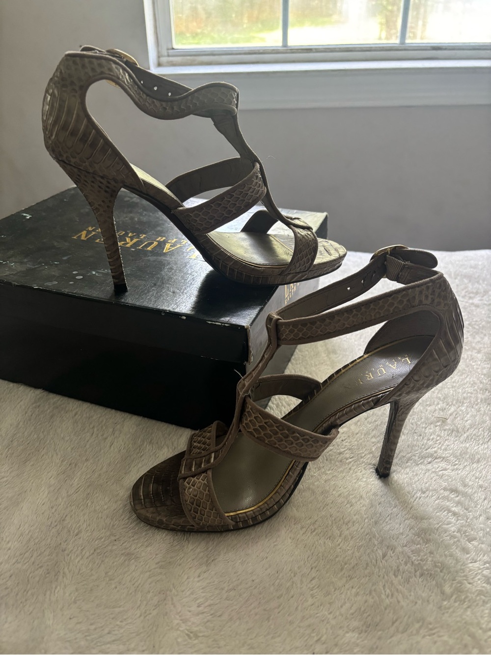 Lauren Ralph Lauren Women Taupe Snake-Embossed High Heel Sandals Size 7